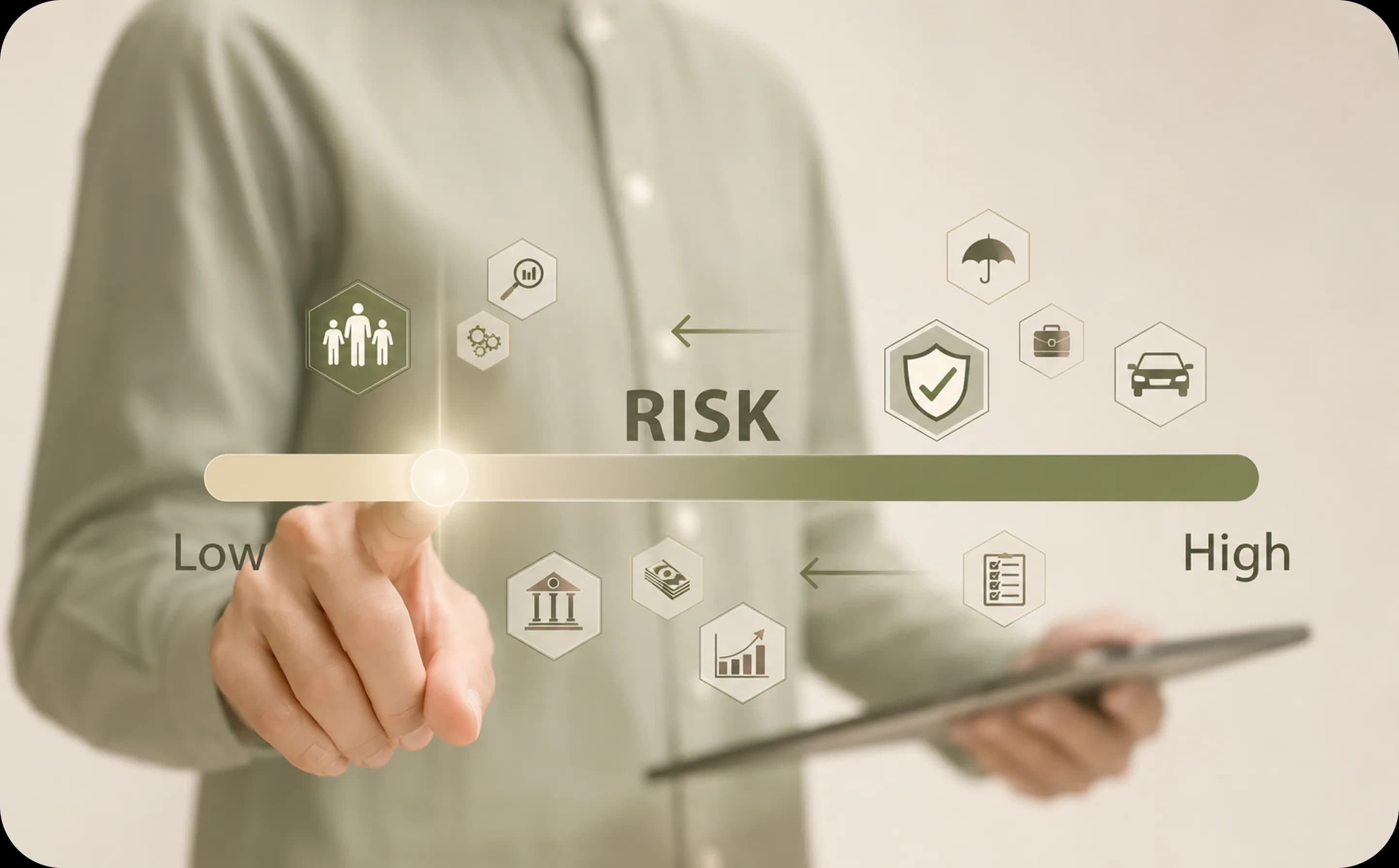 Risk scoring interface showing risk gauge from Low to High
