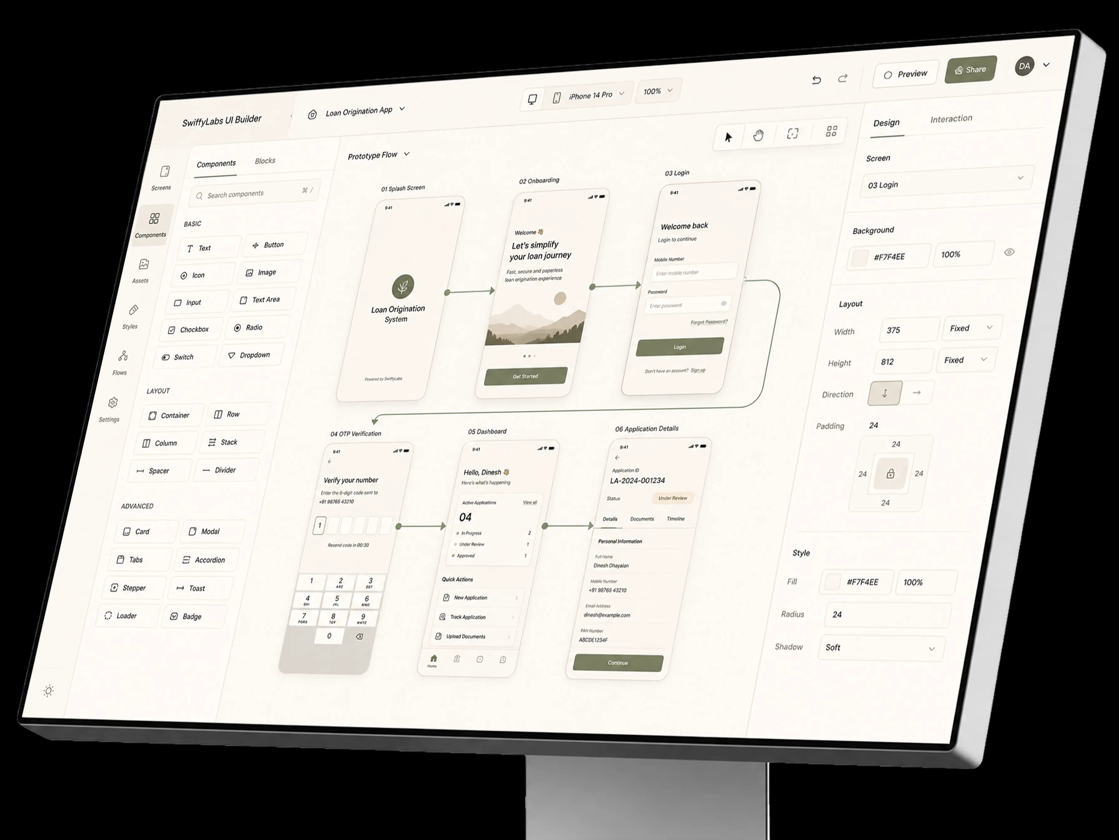 SwiffyLabs UI Builder showing a loan origination application flow