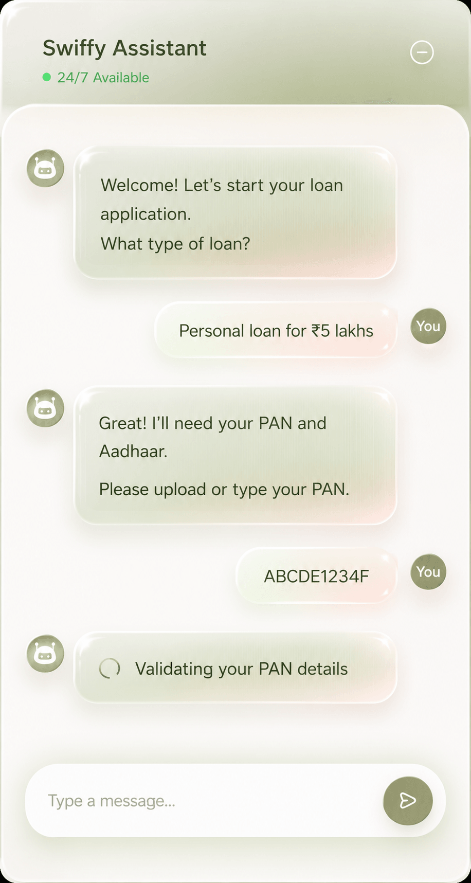 AI assistant validating customer identity details through chat