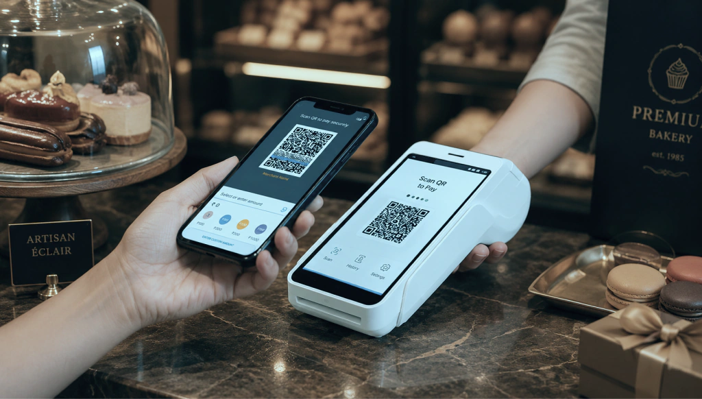 Customer scanning a UPI QR code at a bakery checkout