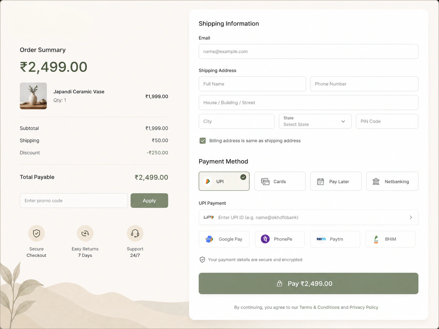 Checkout screen with order summary and payment methods