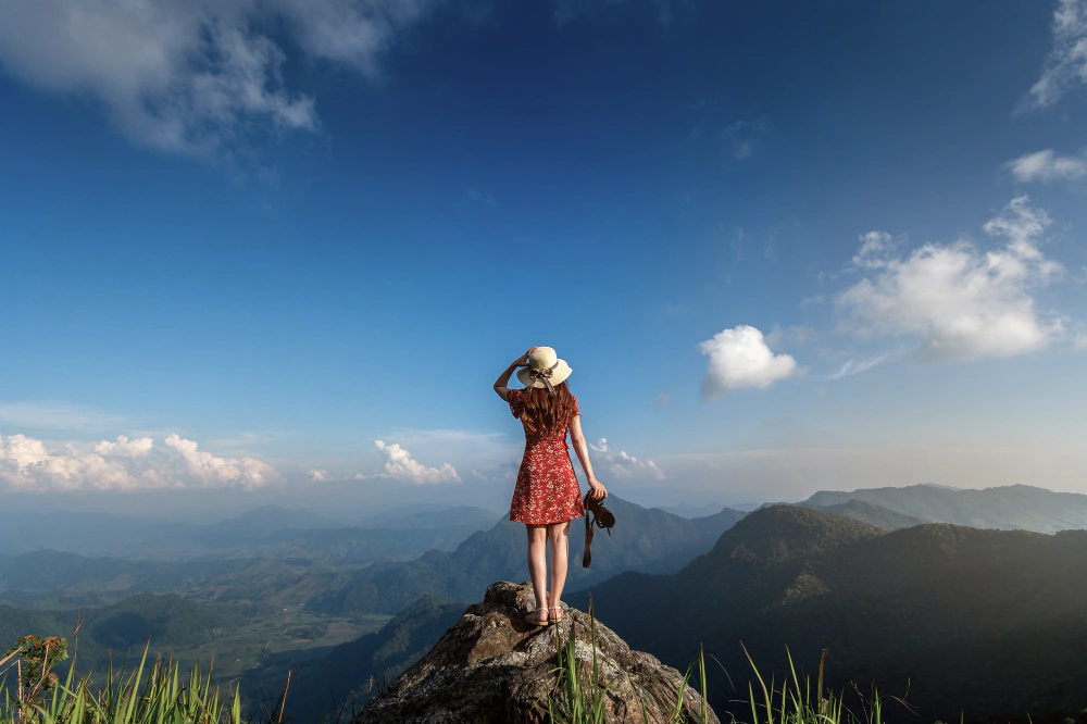 Traveller overlooking a mountain landscape