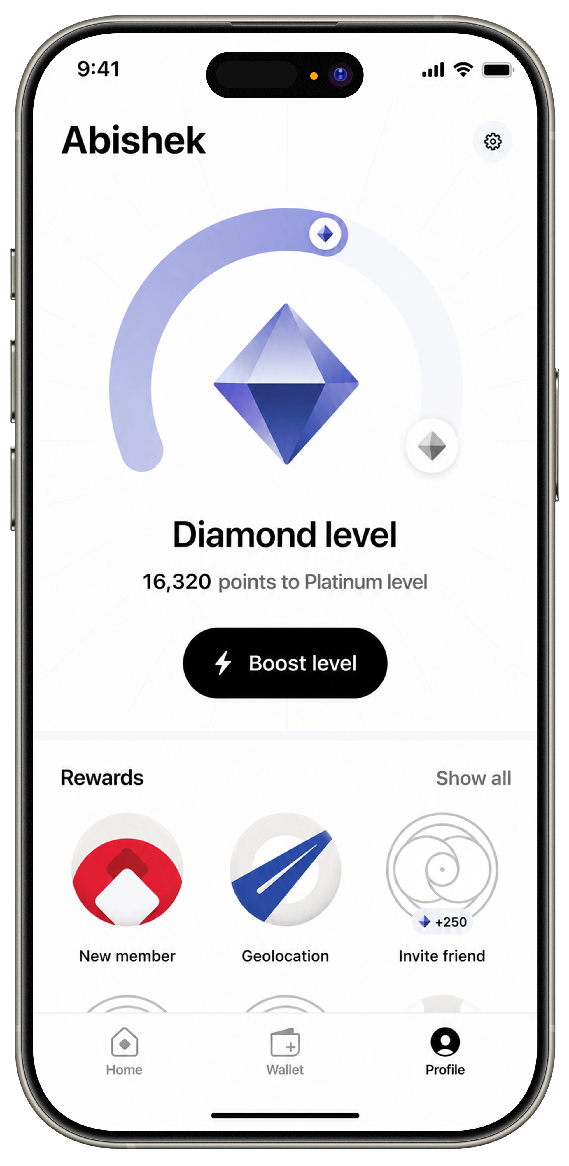Mobile loyalty points dashboard showing Diamond level