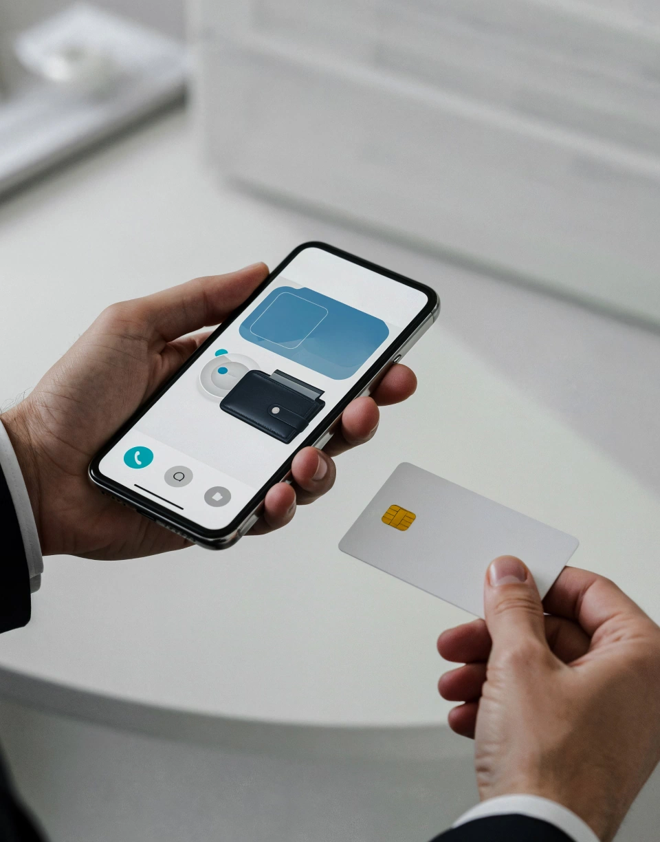 Customer using a digital wallet while holding a payment card